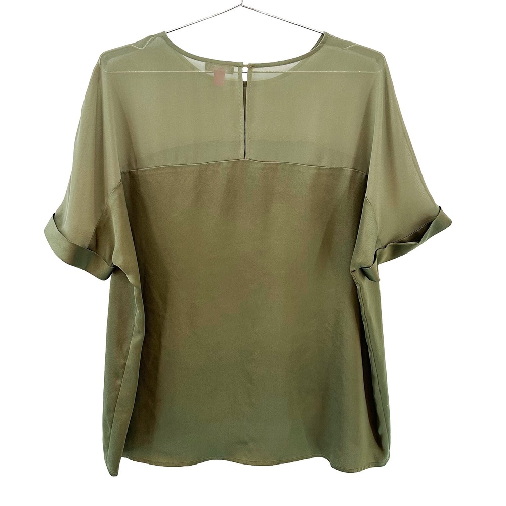 VINCE CAMUTO Sheer & Satin Short Sleeve Tee • Medium • olive, army green • chic - Picture 4 of 7